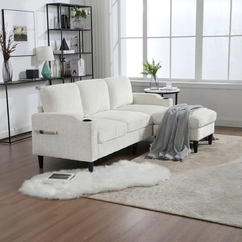 L-förmiges Chenille-Sofa mit Stauraum-Ottomane und Getränkehaltern