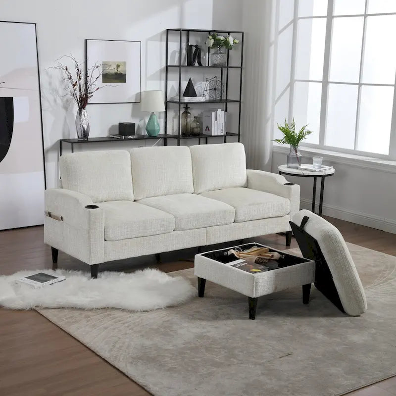 L-förmiges Chenille-Sofa mit Stauraum-Ottomane und Getränkehaltern