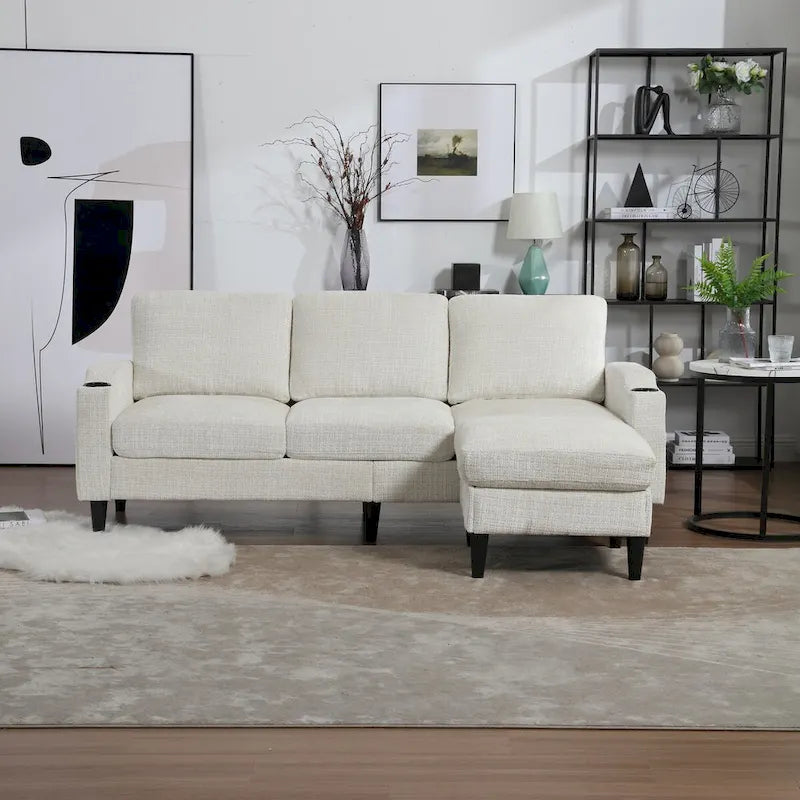 L-förmiges Chenille-Sofa mit Stauraum-Ottomane und Getränkehaltern