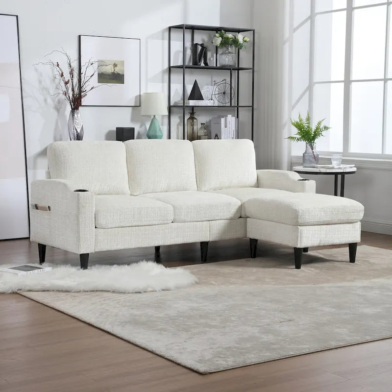 L-förmiges Chenille-Sofa mit Stauraum-Ottomane und Getränkehaltern