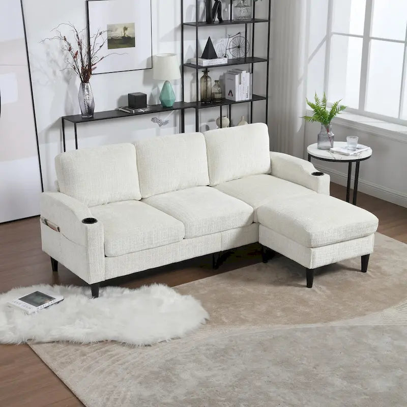 L-förmiges Chenille-Sofa mit Stauraum-Ottomane und Getränkehaltern