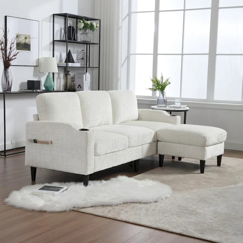 L-förmiges Chenille-Sofa mit Stauraum-Ottomane und Getränkehaltern