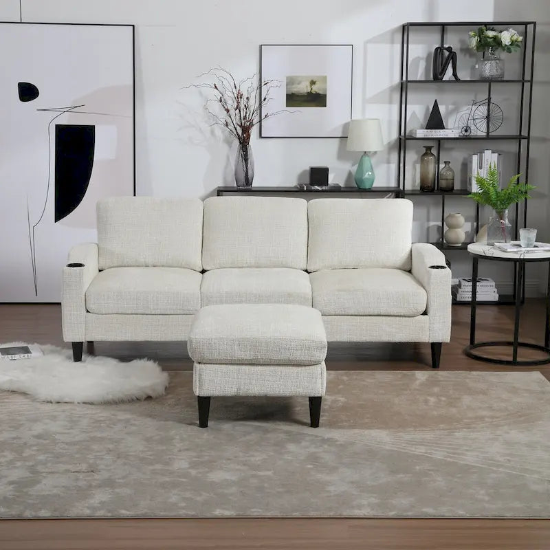 L-förmiges Chenille-Sofa mit Stauraum-Ottomane und Getränkehaltern