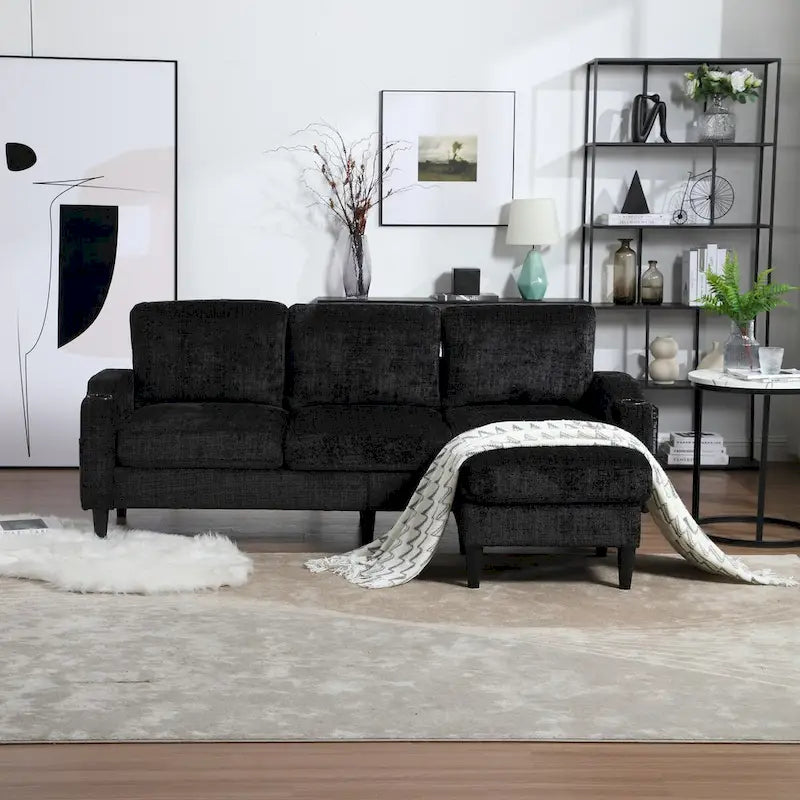 L-förmiges Chenille-Sofa mit Stauraum-Ottomane und Getränkehaltern