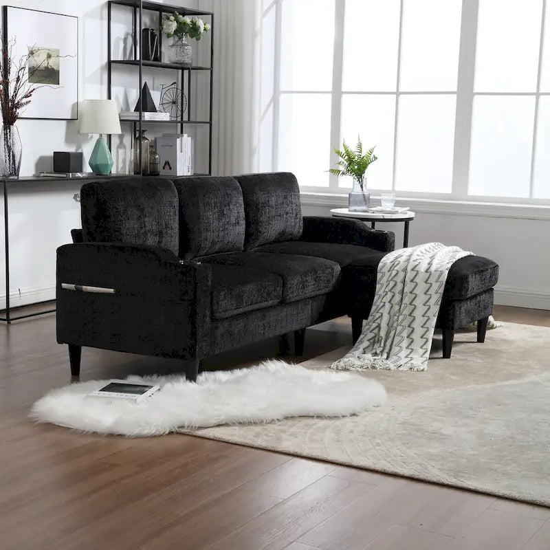 L-förmiges Chenille-Sofa mit Stauraum-Ottomane und Getränkehaltern
