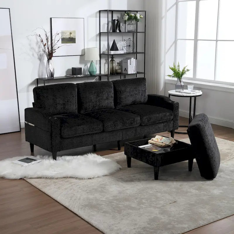 L-förmiges Chenille-Sofa mit Stauraum-Ottomane und Getränkehaltern