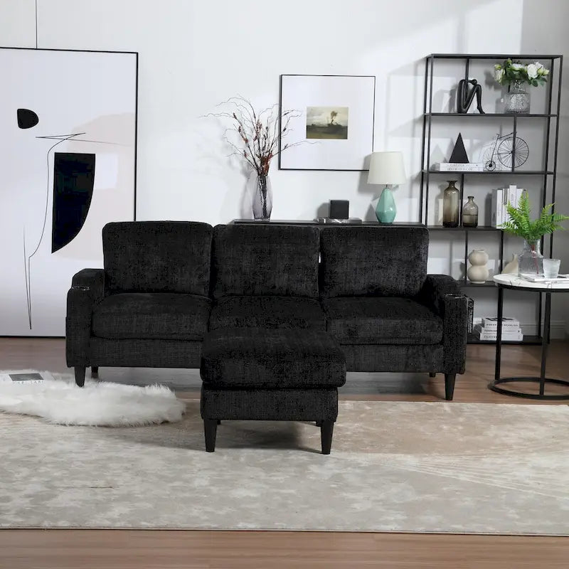 L-förmiges Chenille-Sofa mit Stauraum-Ottomane und Getränkehaltern