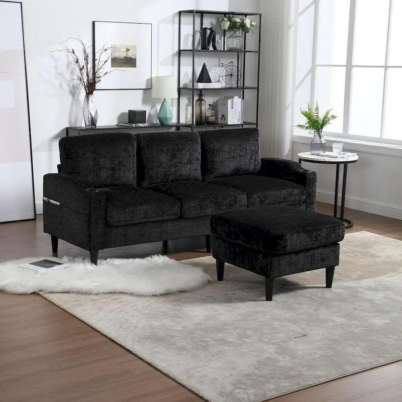 L-förmiges Chenille-Sofa mit Stauraum-Ottomane und Getränkehaltern