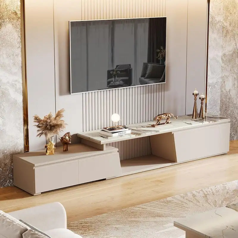 70.9 W - 105 W Ausziehbarer TV-Ständer, extralanges modernes Entertainment-Center mit 3 Schubladen