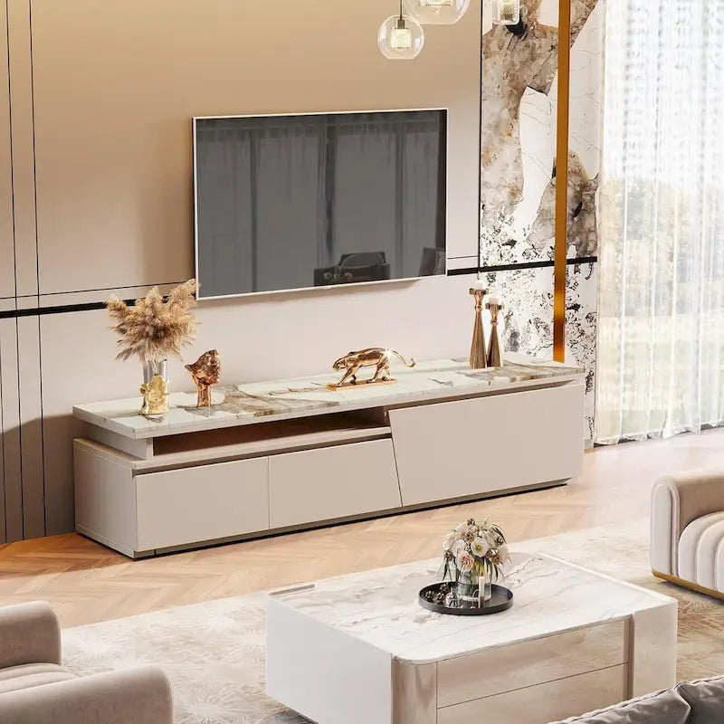 70.9 W - 105 W Ausziehbarer TV-Ständer, extralanges modernes Entertainment-Center mit 3 Schubladen