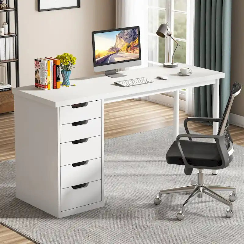 47 Zoll Computertisch aus Holz, Bürotisch mit 5 Schubladen, Schreibtisch mit Metallrahmen für Schlafzimmer und Arbeitszimmer