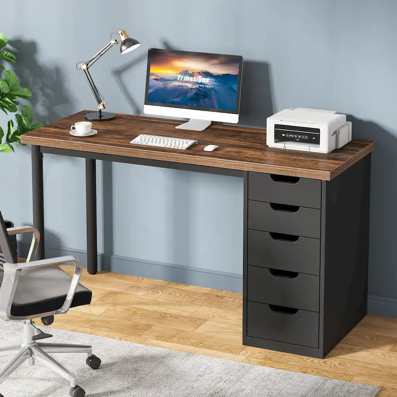 47 Zoll Computertisch aus Holz, Bürotisch mit 5 Schubladen, Schreibtisch mit Metallrahmen für Schlafzimmer und Arbeitszimmer
