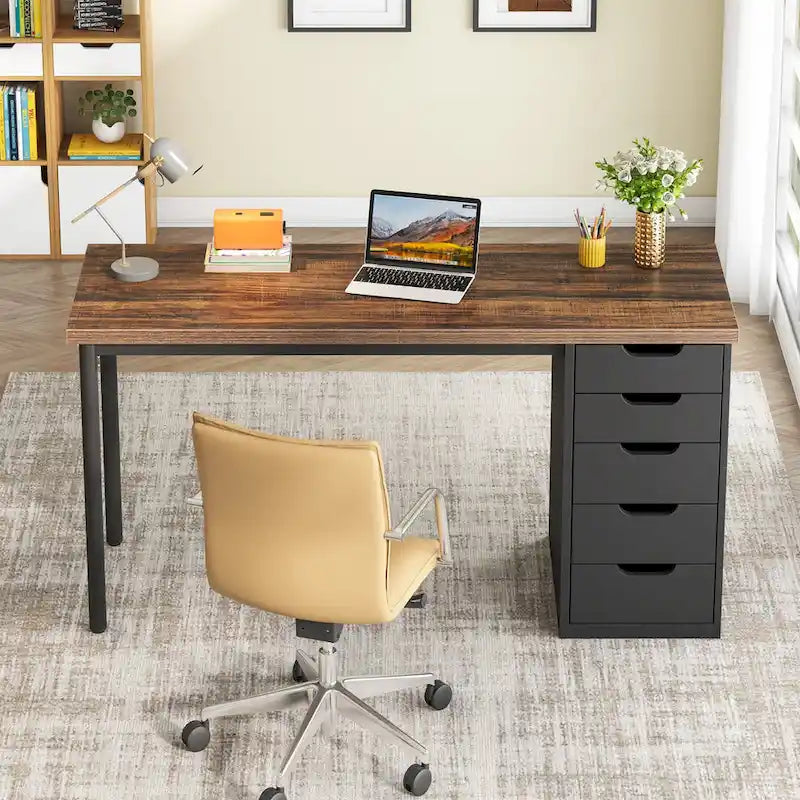 47 Zoll Computertisch aus Holz, Bürotisch mit 5 Schubladen, Schreibtisch mit Metallrahmen für Schlafzimmer und Arbeitszimmer