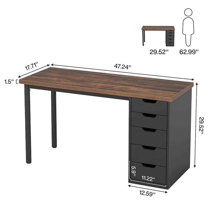 47 Zoll Computertisch aus Holz, Bürotisch mit 5 Schubladen, Schreibtisch mit Metallrahmen für Schlafzimmer und Arbeitszimmer