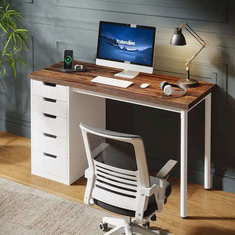 47 Zoll Computertisch aus Holz, Bürotisch mit 5 Schubladen, Schreibtisch mit Metallrahmen für Schlafzimmer und Arbeitszimmer
