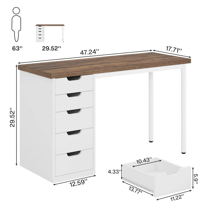 47 Zoll Computertisch aus Holz, Bürotisch mit 5 Schubladen, Schreibtisch mit Metallrahmen für Schlafzimmer und Arbeitszimmer