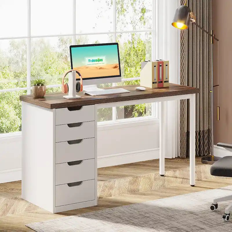 47 Zoll Computertisch aus Holz, Bürotisch mit 5 Schubladen, Schreibtisch mit Metallrahmen für Schlafzimmer und Arbeitszimmer