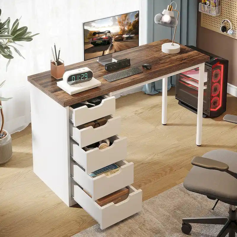 47 Zoll Computertisch aus Holz, Bürotisch mit 5 Schubladen, Schreibtisch mit Metallrahmen für Schlafzimmer und Arbeitszimmer