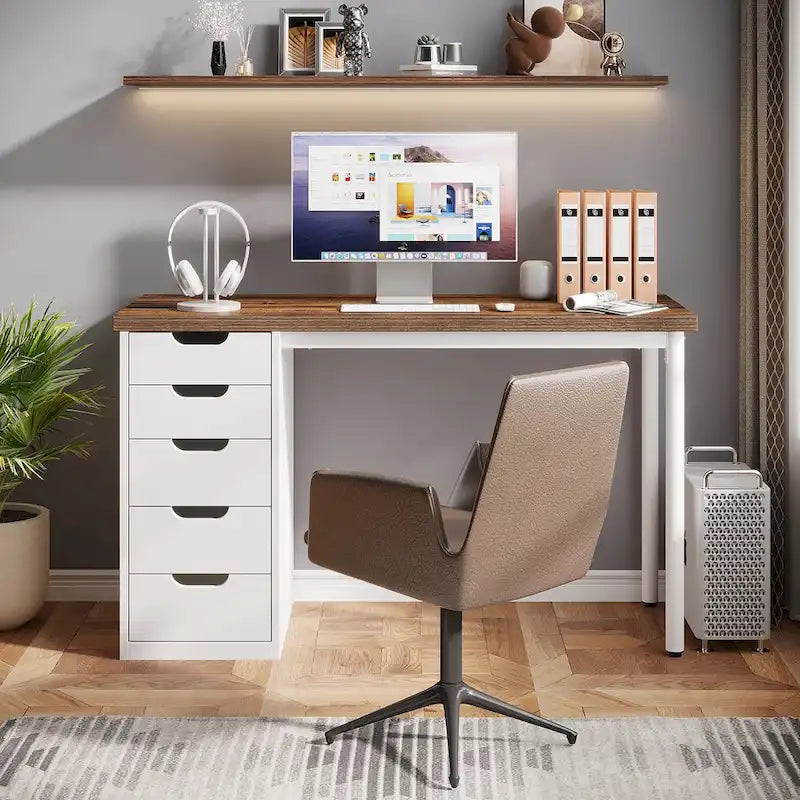 47 Zoll Computertisch aus Holz, Bürotisch mit 5 Schubladen, Schreibtisch mit Metallrahmen für Schlafzimmer und Arbeitszimmer