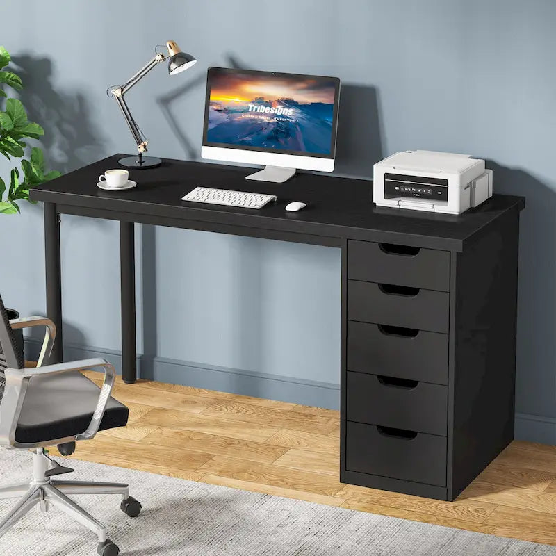 47 Zoll Computertisch aus Holz, Bürotisch mit 5 Schubladen, Schreibtisch mit Metallrahmen für Schlafzimmer und Arbeitszimmer