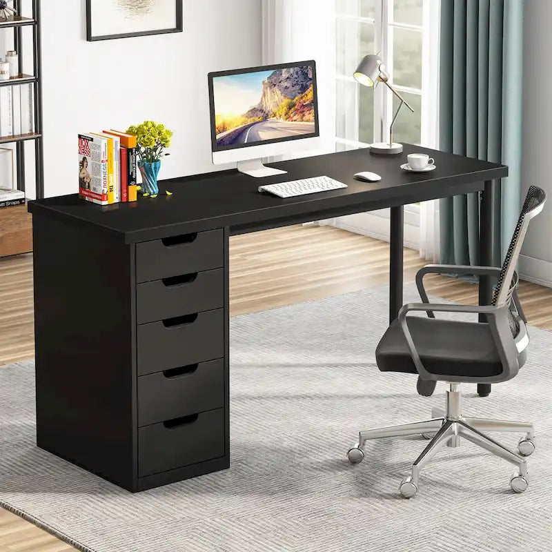 47 Zoll Computertisch aus Holz, Bürotisch mit 5 Schubladen, Schreibtisch mit Metallrahmen für Schlafzimmer und Arbeitszimmer
