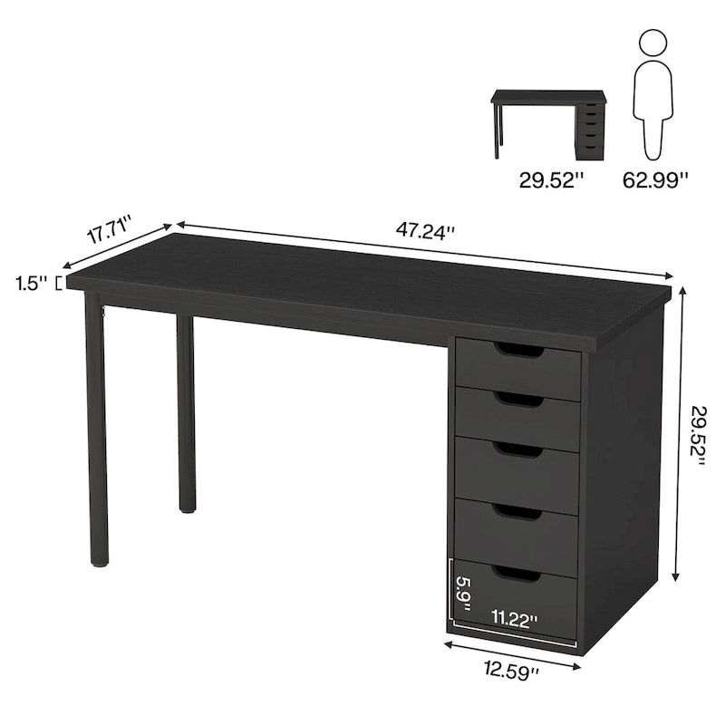 47 Zoll Computertisch aus Holz, Bürotisch mit 5 Schubladen, Schreibtisch mit Metallrahmen für Schlafzimmer und Arbeitszimmer