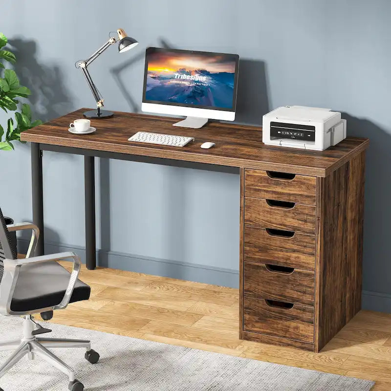 47 Zoll Computertisch aus Holz, Bürotisch mit 5 Schubladen, Schreibtisch mit Metallrahmen für Schlafzimmer und Arbeitszimmer