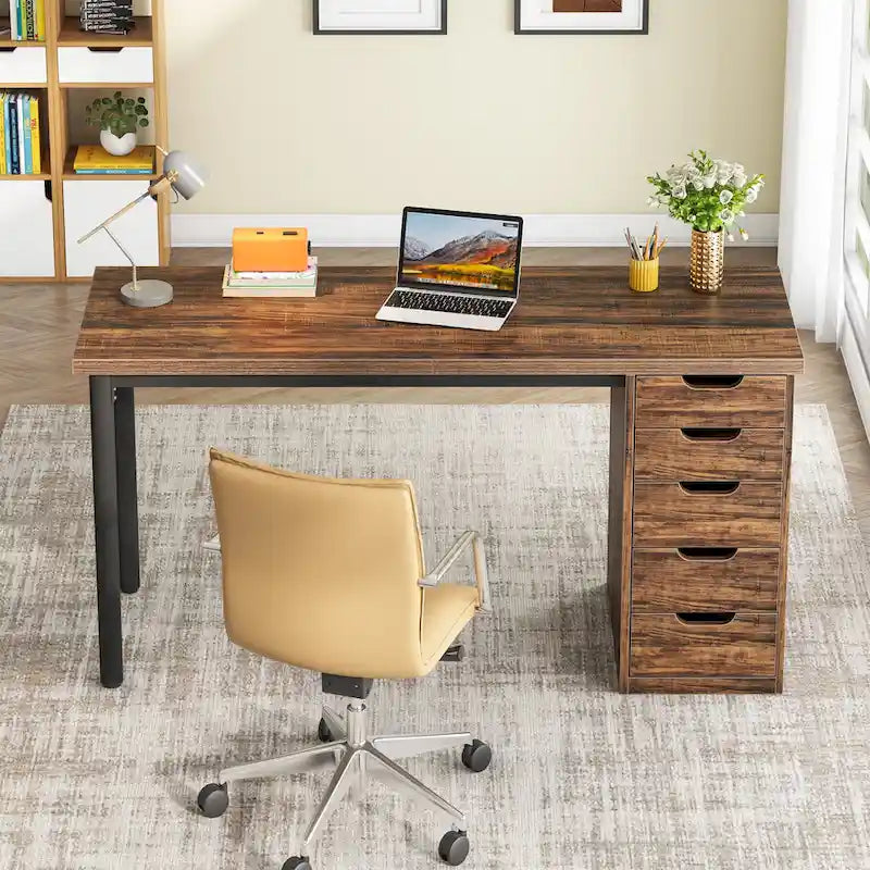 47 Zoll Computertisch aus Holz, Bürotisch mit 5 Schubladen, Schreibtisch mit Metallrahmen für Schlafzimmer und Arbeitszimmer