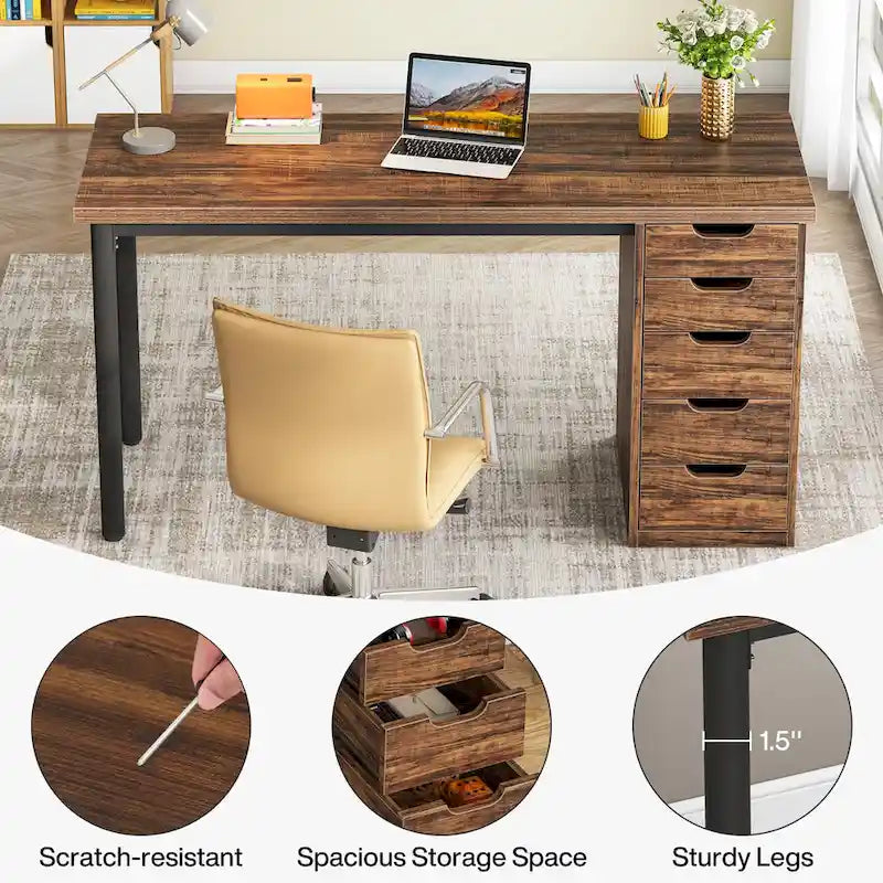 47 Zoll Computertisch aus Holz, Bürotisch mit 5 Schubladen, Schreibtisch mit Metallrahmen für Schlafzimmer und Arbeitszimmer