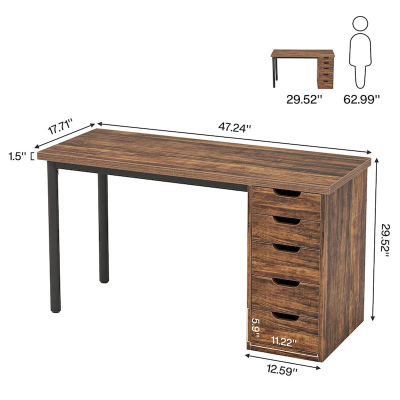 47 Zoll Computertisch aus Holz, Bürotisch mit 5 Schubladen, Schreibtisch mit Metallrahmen für Schlafzimmer und Arbeitszimmer