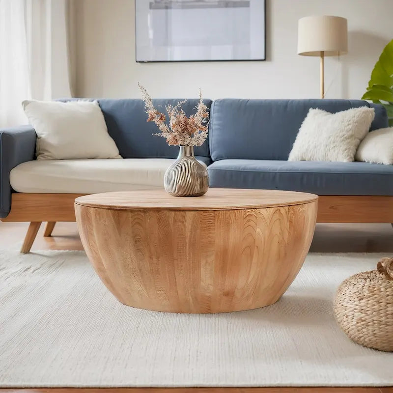 35.43 Vintage Style Bucket Shaped Round Coffee Table with Storage Flip Top